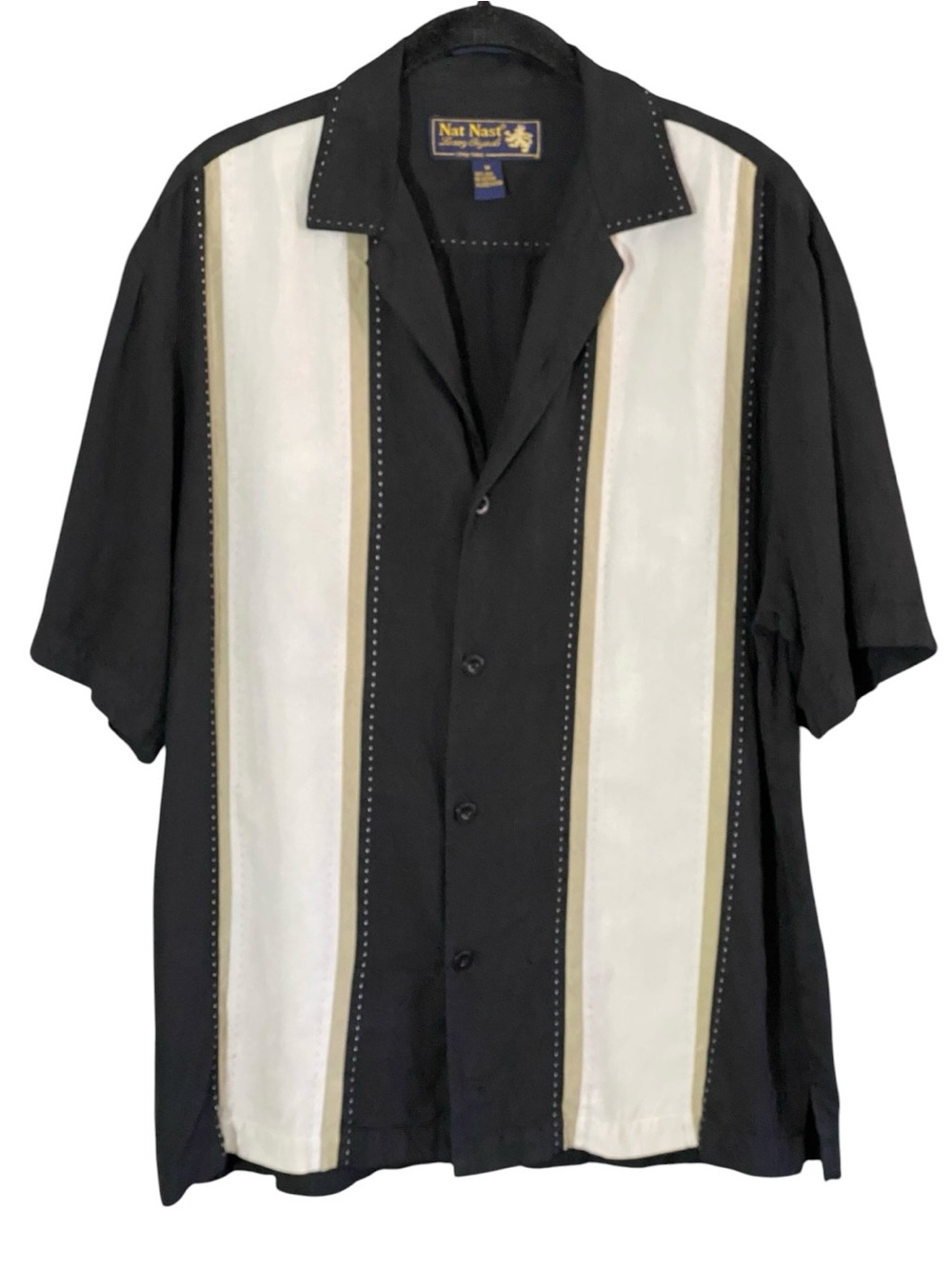 Nat Nast Mens Silk Bowling Shirt Size Medium Black Cream Rockabilly 90’s Retro